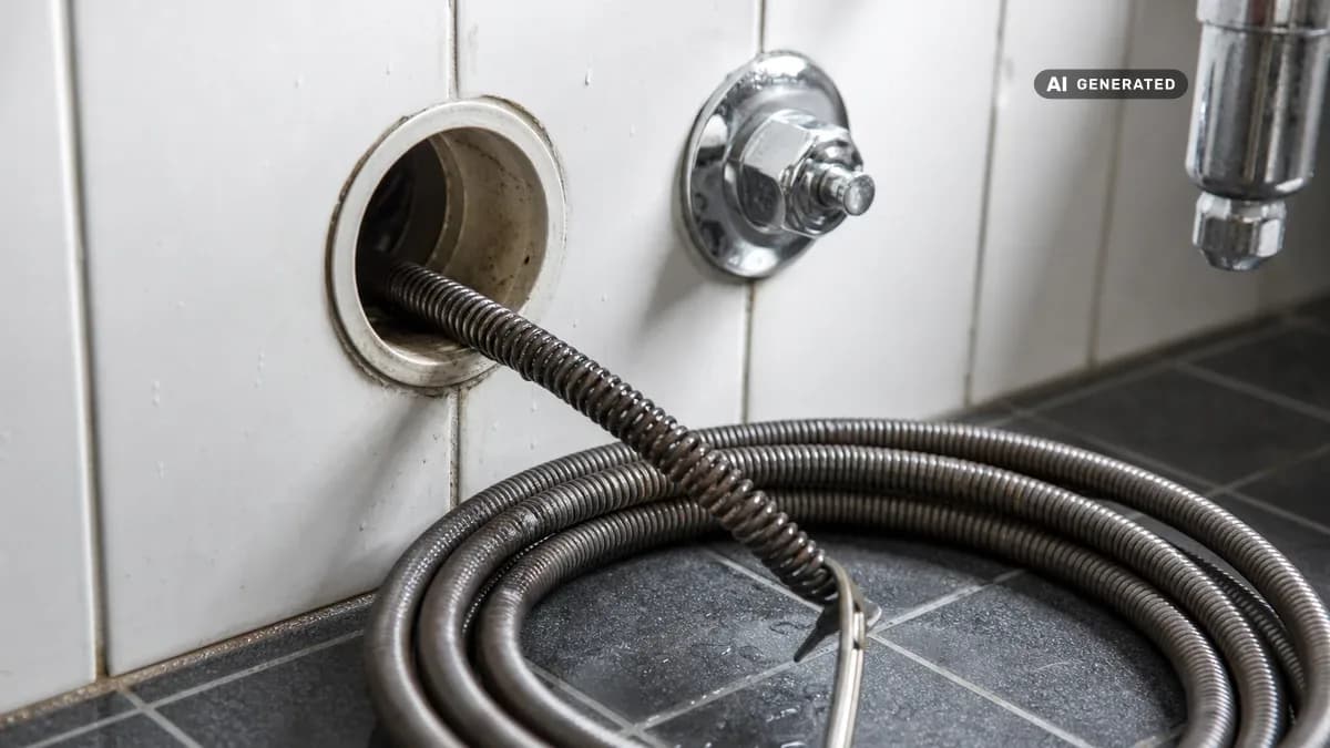 KI-generiertes Bild: Handwerker schiebt eine Rohrreinigungsspirale in ein verdecktes Abflussrohr in der Wand eines Badezimmers
