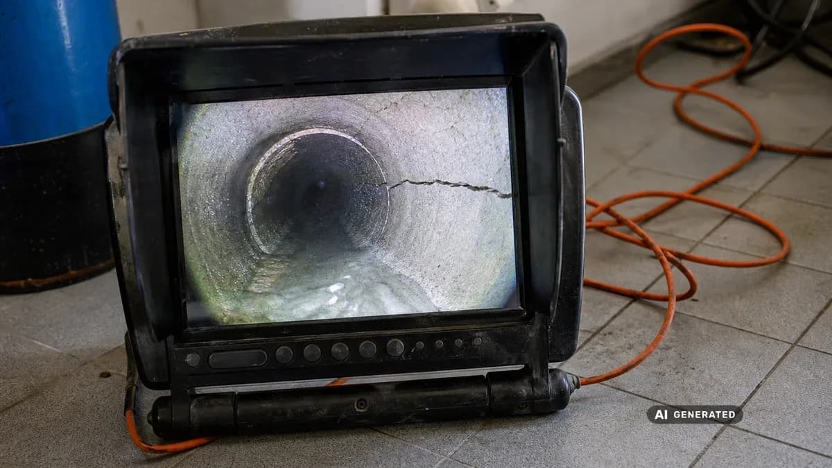 KI-generiertes Bild: Innenansicht eines Abwasserrohrs per Kamerainspektion – Monitor zeigt Riss in der Rohrwand, im Hintergrund ein Schacht im Garten