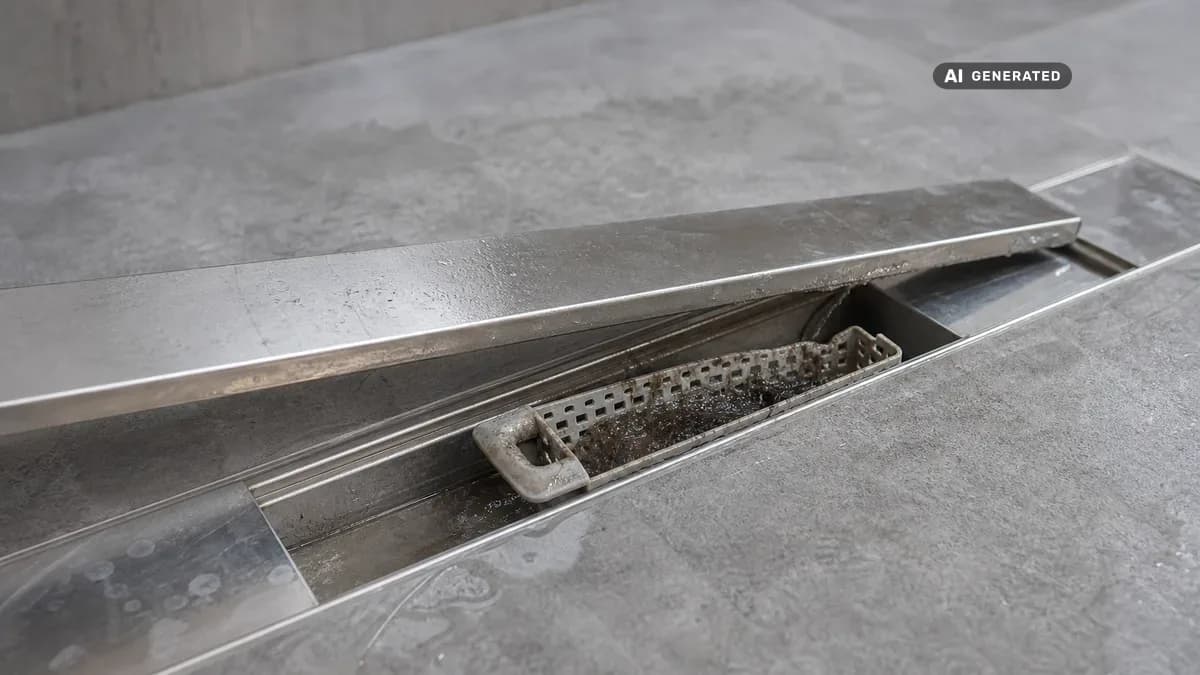 KI-generiertes Bild: Bodengleiche Dusche mit moderner Duschrinne, bei der ein herausgezogener Haarfang zur Reinigung zu sehen ist