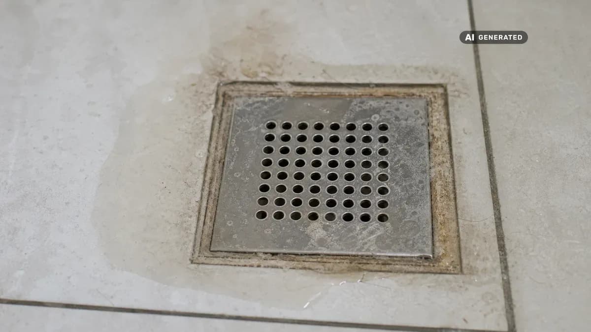 KI-generiertes Bild: Draufsicht auf den Ablauf einer bodengleichen Dusche mit sichtbaren Ablagerungen rund um die Edelstahlabdeckung