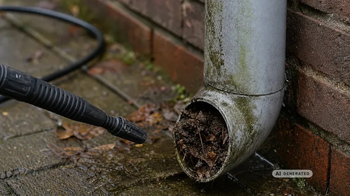 KI-generiertes Bild: Verstopftes Regenfallrohr an einem Wohnhaus mit Laub- und Schmutzablagerungen, Reinigung mit Hochdruckreiniger