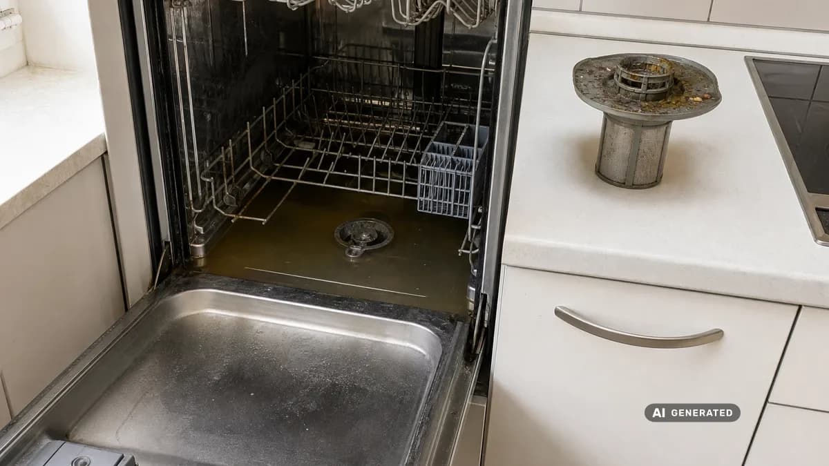 KI-generiertes Bild: Geöffneter Geschirrspüler mit stehendem Wasser im Innenraum, daneben das entnommene Sieb auf der Küchenarbeitsfläche