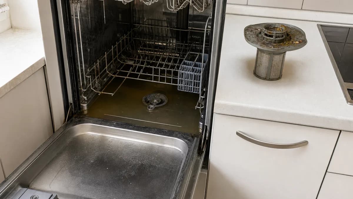 Geöffneter Geschirrspüler mit stehendem Wasser im Innenraum, daneben das entnommene Sieb auf der Küchenarbeitsfläche