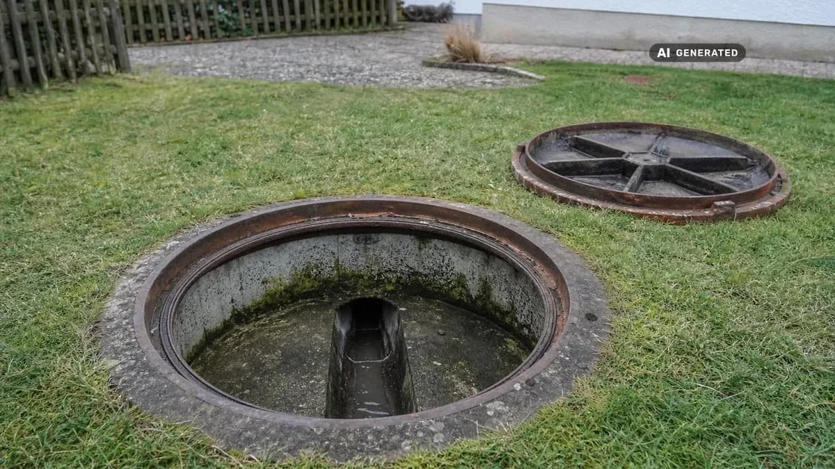 KI-generiertes Bild: Offener Beton-Revisionsschacht im Vorgarten eines Einfamilienhauses in Oberbayern mit sichtbarem Abwassergerinne, daneben der abgenommene Schachtdeckel