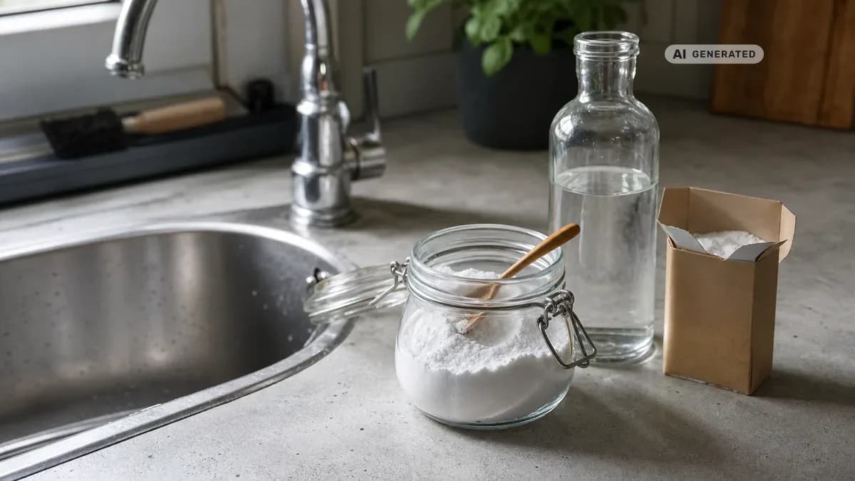KI-generiertes Bild: Natron, Essig und Backpulver neben einem Küchenabfluss auf einer Arbeitsplatte