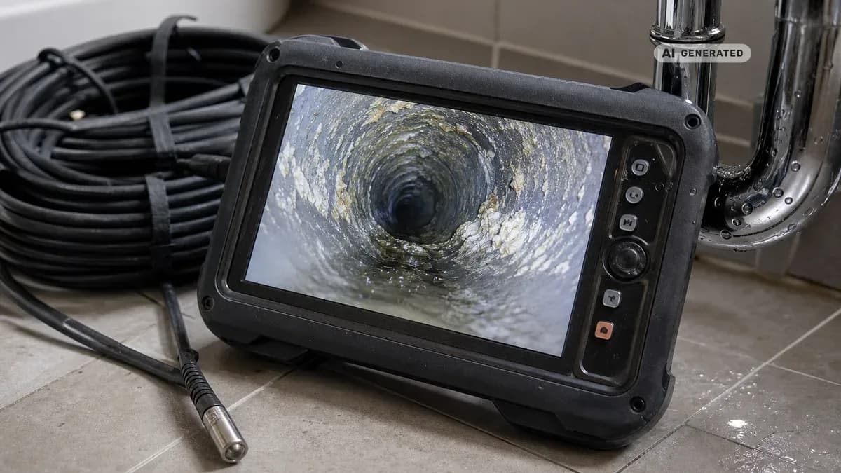 KI-generiertes Bild: Monitor einer Kanal-TV-Inspektion mit Blick ins Innere einer Abwasserleitung samt sichtbarer Ablagerungen