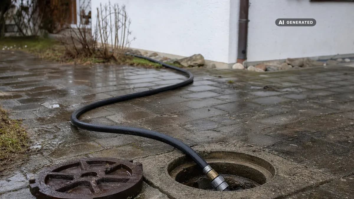 KI-generiertes Bild: Ein Hochdruck-Spülschlauch wird im gepflasterten Hof eines Einfamilienhauses in Oberbayern in einen offenen Kontrollschacht geführt