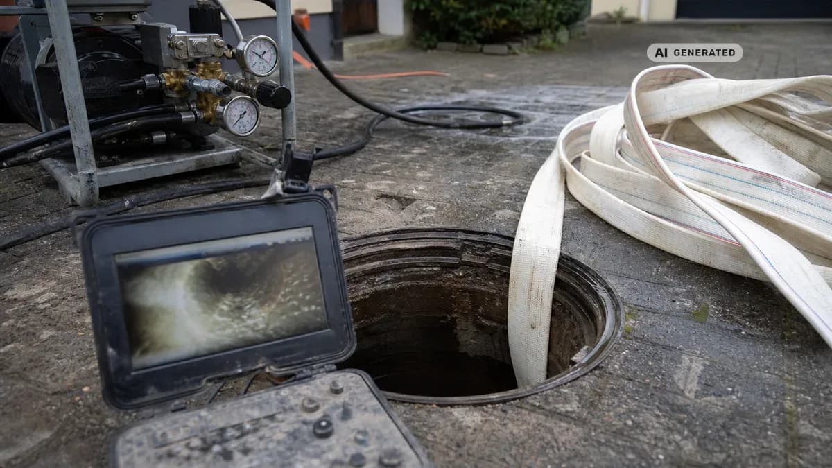 KI-generiertes Bild: Techniker führt an einem offenen Kanalschacht eine Schlauchliner-Sanierung durch, im Vordergrund Spülgerät und Kameramonitor