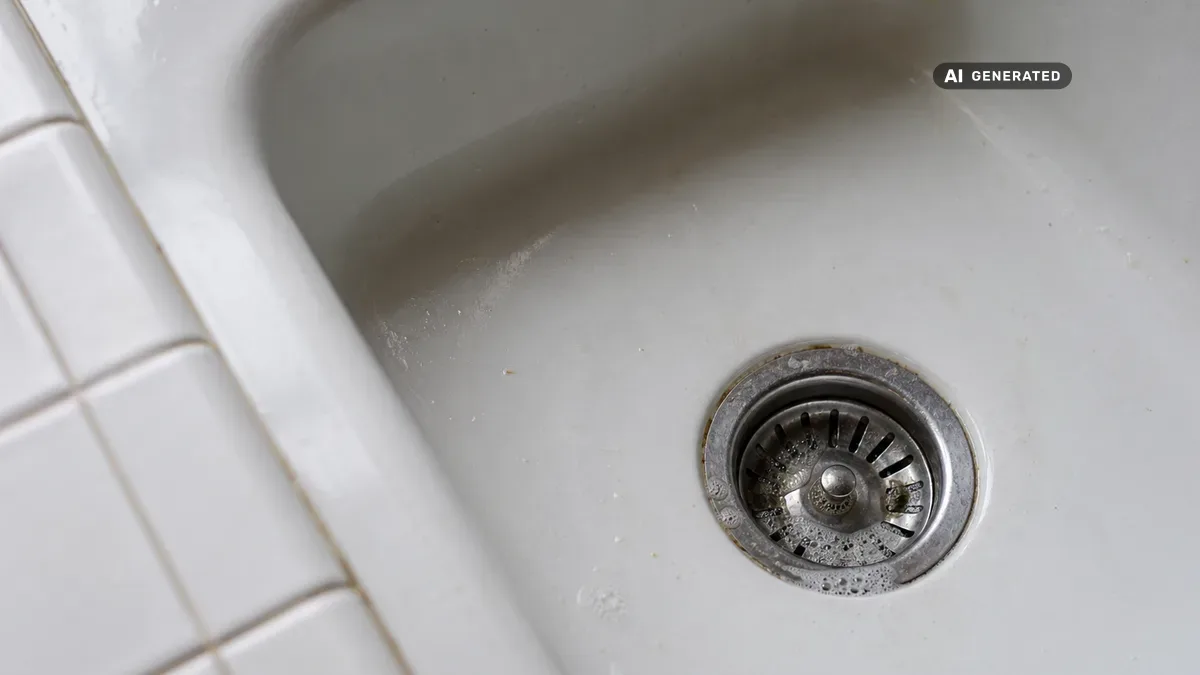 KI-generiertes Bild: Küchenspüle von oben mit sichtbarem Abflusssieb und Seifenschaum – Reinigung und Pflege des Küchenabflusses