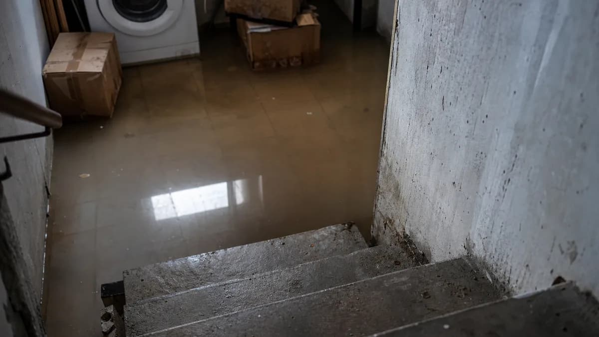 Mit Wasser gefüllter Kellerraum nach einem Rückstauschaden – Blick durch den Kellerabgang auf überfluteten Boden