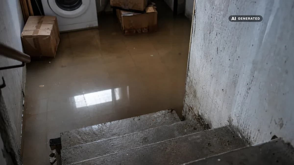 KI-generiertes Bild: Mit Wasser gefüllter Kellerraum nach einem Rückstauschaden – Blick durch den Kellerabgang auf überfluteten Boden