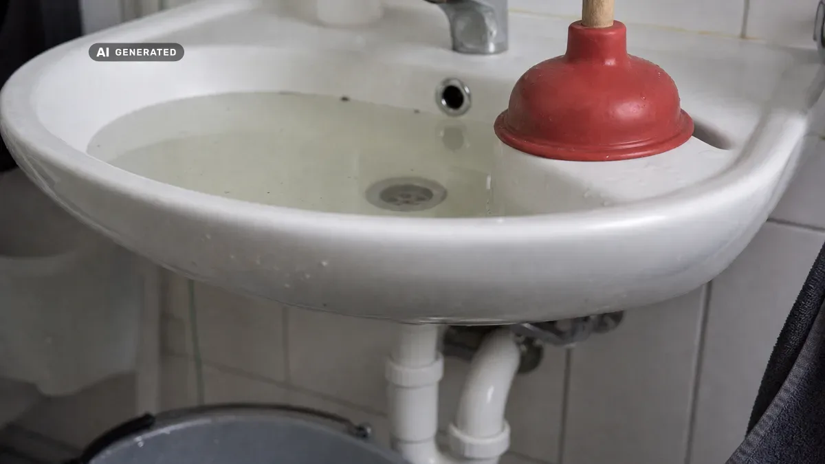 KI-generiertes Bild: Hand mit Pümpel über einem verstopften Waschbecken-Abfluss, dahinter der Siphon unter dem Becken