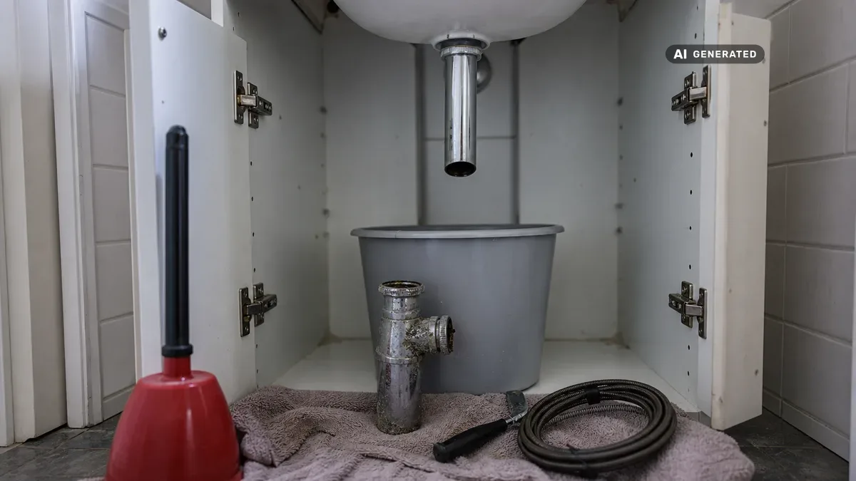 KI-generiertes Bild: Abgeschraubter Flaschensiphon unter einem Waschbecken, im Unterschrank daneben ein Eimer sowie Saugglocke und Rohrreinigungsspirale auf einem ausgebreiteten Handtuch