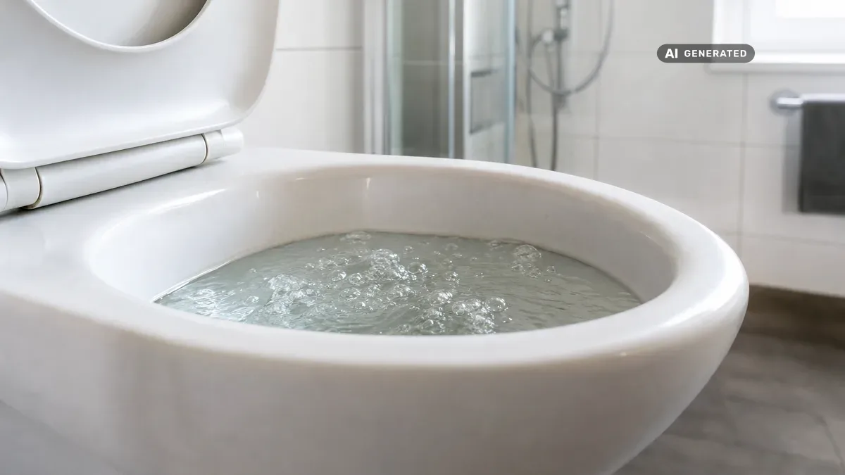KI-generiertes Bild: Nahaufnahme einer weißen Toilettenschüssel mit aufsteigenden Luftblasen im Wasser, im Hintergrund ein helles modernes Badezimmer