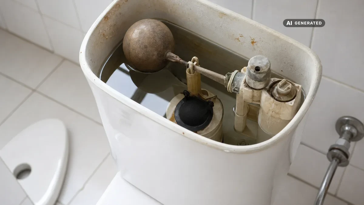 KI-generiertes Bild: Geöffneter Spülkasten einer Toilette mit sichtbarem Schwimmer und Ablaufventil während einer Reparatur