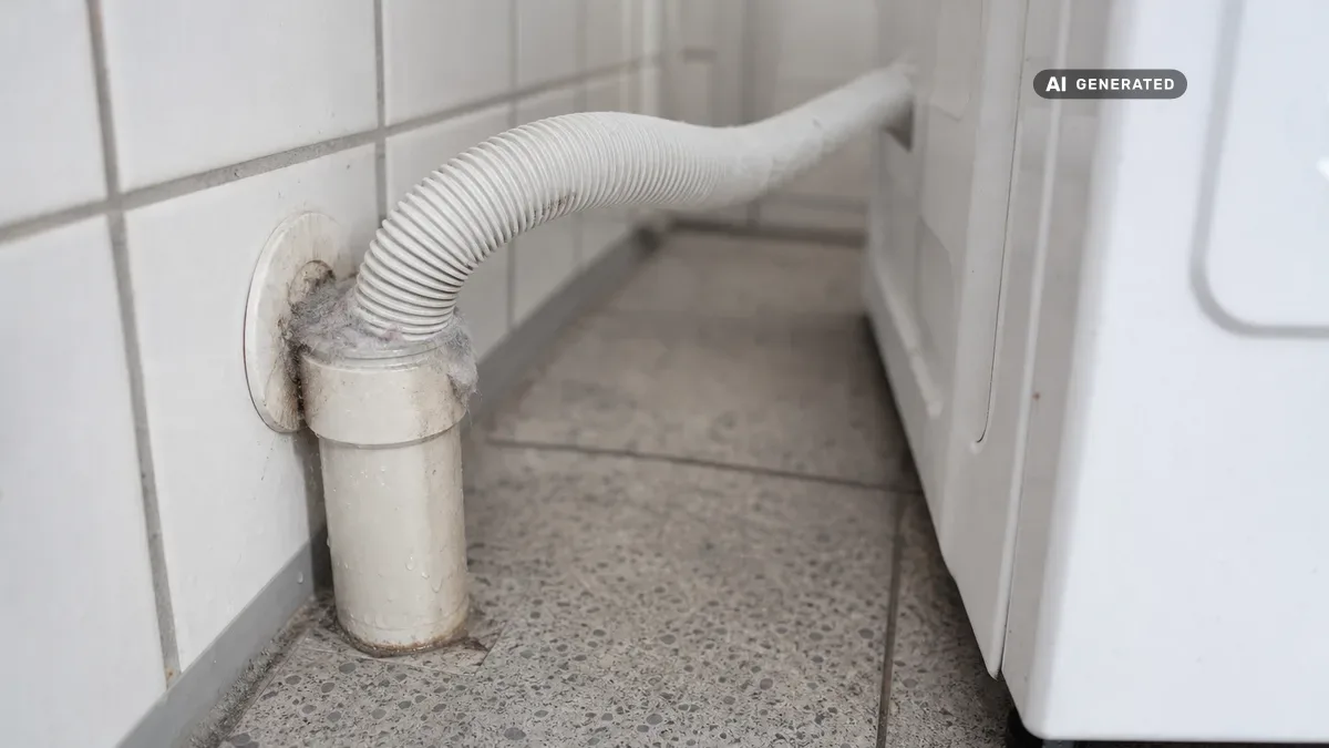 KI-generiertes Bild: Handwerker kontrolliert den Ablaufschlauch einer Waschmaschine in einem Hauswirtschaftsraum