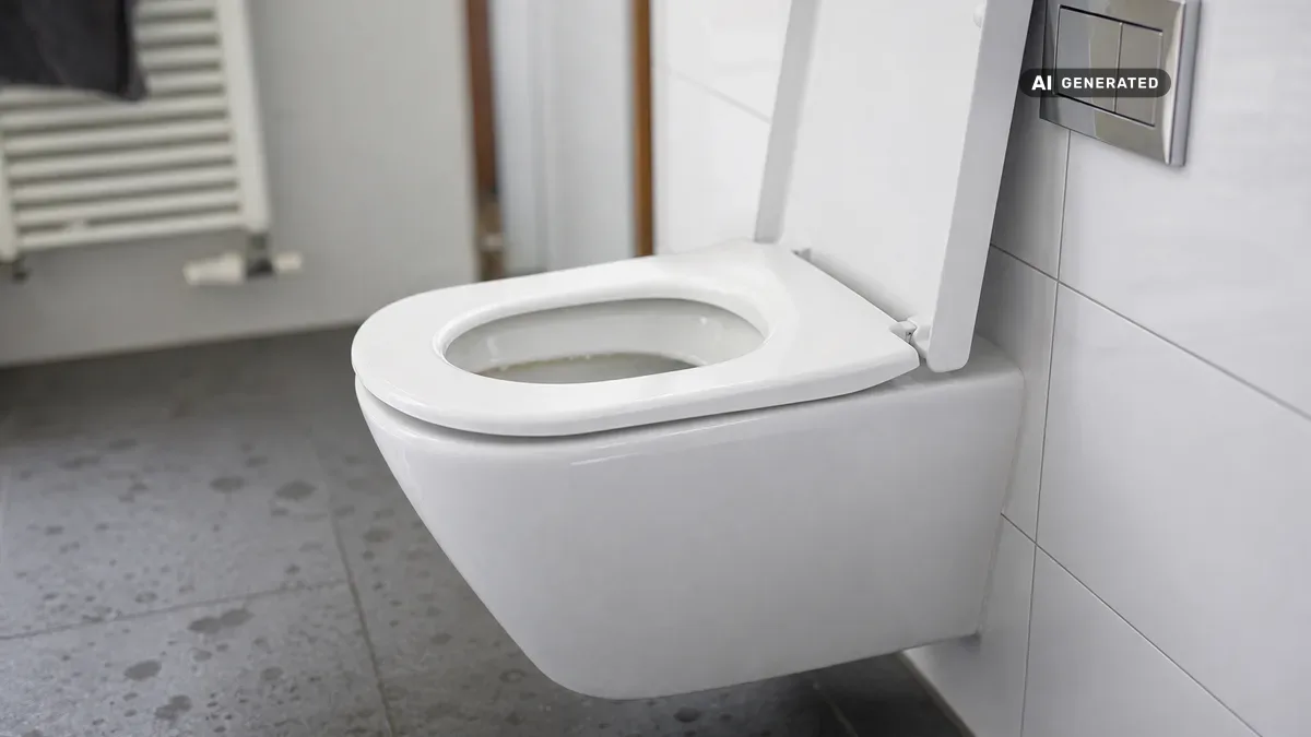 KI-generiertes Bild: Modernes weißes WC in einem gepflegten Badezimmer, Blick auf Spülbereich und Becken